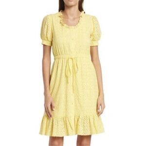 Nanette Lepore Eyelet Summer Yellow Button Front Flirty Feminine Dress Sz Small
